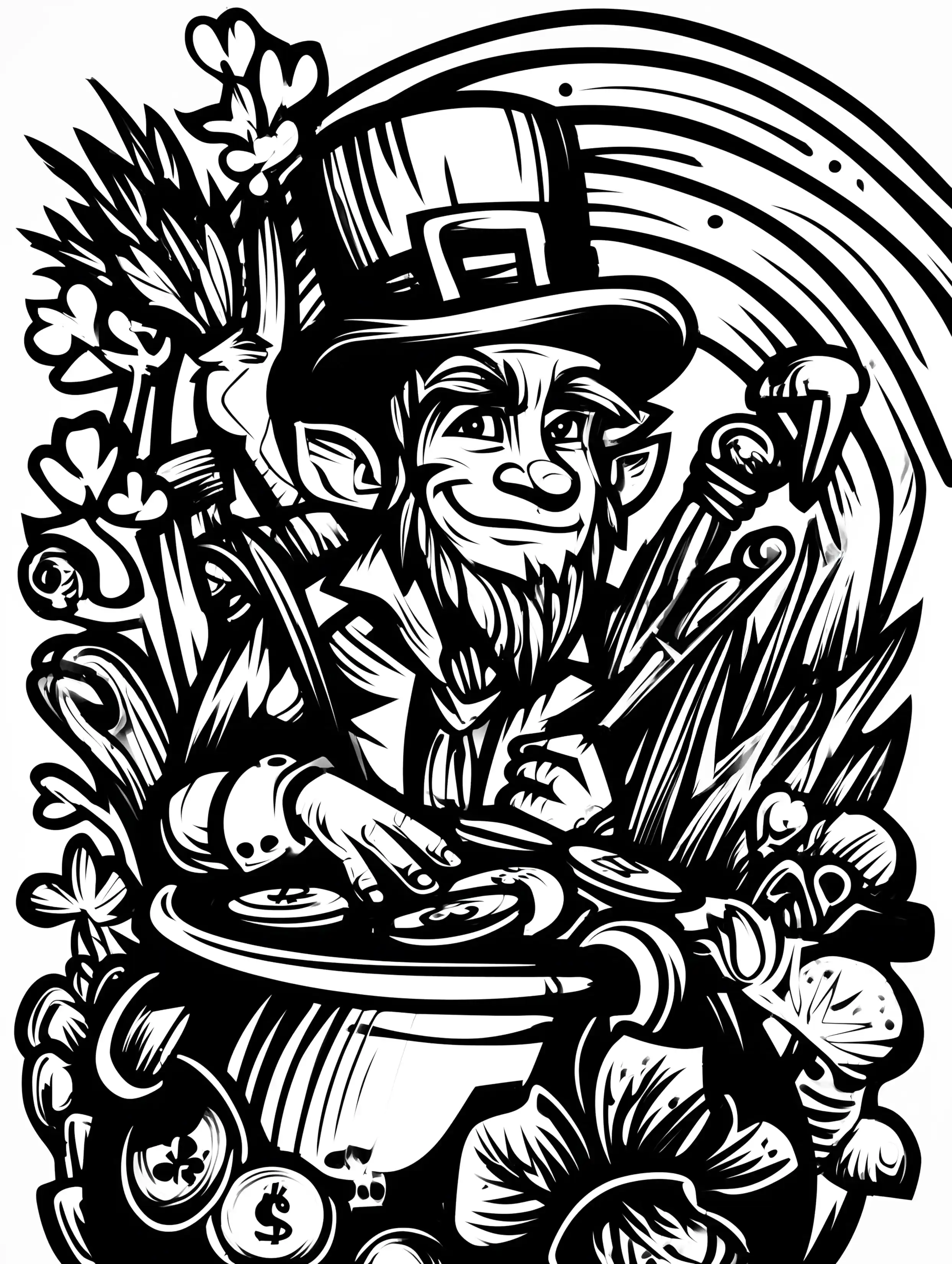 Free printable St Patricks Day coloring page for adults featuring a leprechaun with a rainbow background